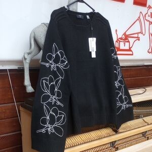 Tahari Black Sweater with White Floral Design